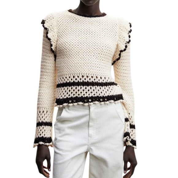 Mango Sweater with Crochet Ruffled Openwork Details Beige Size M - Picture 1 of 13
